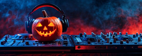 Evilly grinning halloween pumpkin wearing headphones sits on a dj deck with dramatic red and blue...