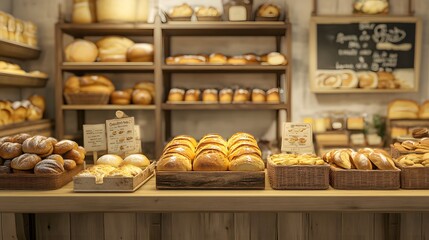 A vintage-style bakery counter with 3D-rendered freshly baked organic bread and pastries
