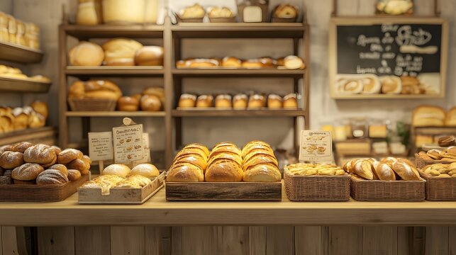 A vintage-style bakery counter with 3D-rendered freshly baked organic bread and pastries