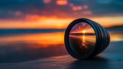 shot of a camera lens reflecting a vibrant sunset on a beach, symbolizing the beauty of photography capturing natural landscapes 