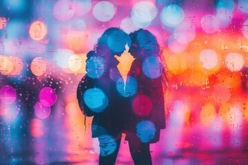Silhouettes of Two People Against a Blurred City Lights Background