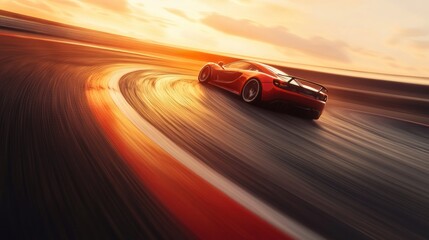 Red Sports Car on a Race Track at Sunset