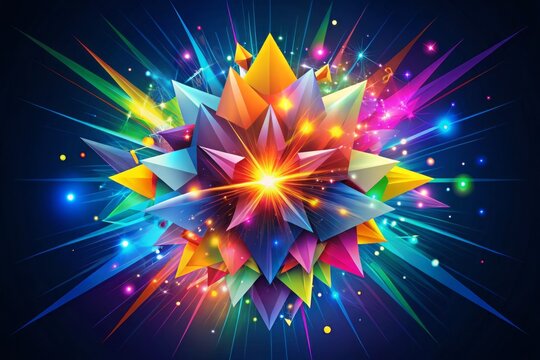 Vibrant colorful explosion of geometric shapes and lines radiating outward in a dynamic burst of energy, abstract