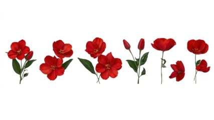 red tulips isolated on png, Red flowers and petals flying through the air isolated on a clean PNG background, showcasing vibrant floral elements in dynamic motion, ideal for romantic designs, spring