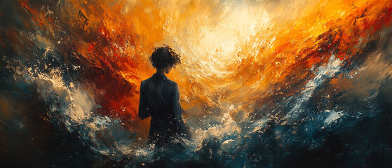 A solitary figure stands amidst swirling waves and vibrant hues of orange and blue, evoking a sense of wonder and adventure.
