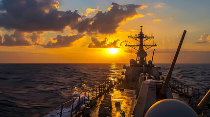 A navy ship sails on the open sea under a golden sunset, with dramatic clouds filling the sky, reflecting the warm light on the water and the ship's deck.