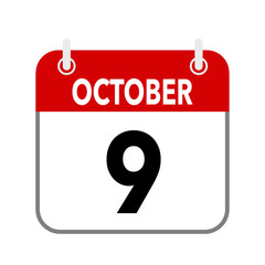 9 October, calendar date icon on white background.