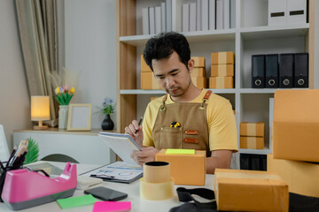 An entrepreneur is working in a warehouse preparing packages for delivery drivers to pick up and deliver to customers, parcel, product, package, startup business, merchandise