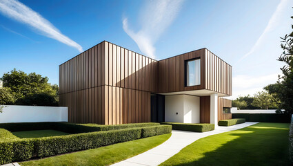 Modern Wooden Facade House with Green Landscaping