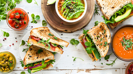 Delicious sandwiches with avocado, tomato, and greens served alongside two bowls of vibrant soups on a rustic wooden table. Perfect for healthy and fresh meal presentations.