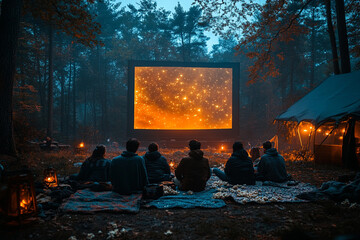 Cozy outdoor movie night under the stars, with a large screen glowing amidst nature, surrounded by friends and camp ambience.