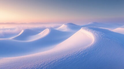 Snow-Covered Hills at Dawn with a Soft Pink Sky