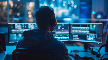 A video editor seated at a workstation with multiple monitors, focused on editing content in a dimly lit, high-tech studio. LED lights and advanced tools enhance the professional setup.
