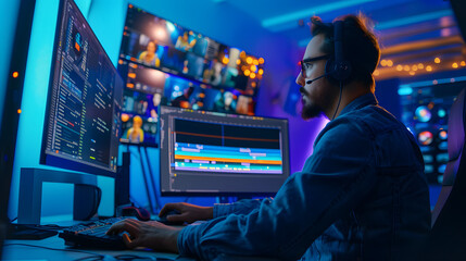 A video editor, wearing headphones, working on multiple screens in a high-tech studio. The vibrant LED lighting and professional equipment enhance the immersive editing process.