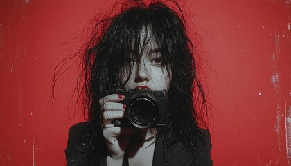 Obraz premium A Woman with Black Hair and Red Lips Holds a Camera in Front of a Red Background