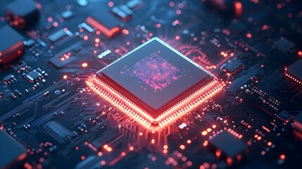 Glowing Microchip with Luminous Digital Circuits and Data Streams