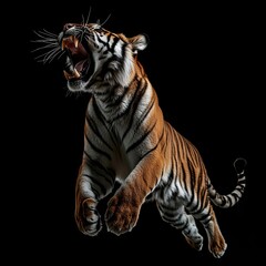 Obraz premium A Roaring Tiger Leaping in Mid-Air Against a Black Background