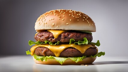 A large hamburger with two patties and a generous amount of cheese