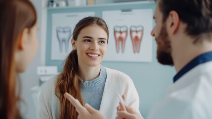Parents discussing a dental care plan with a dentist in a clinic, with a poster in the background showing the importance of healthy habits represented by five clean fingers