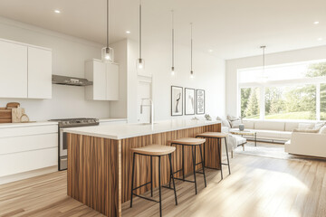 3D rendering of a modern open-concept kitchen with white island and barstools, wood grain color accents, light wooden floor, and living room in the background with daylight through windows.
