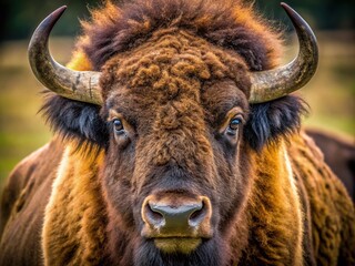Close-Up Portrait Of An American Bison With Shaggy Brown Fur, Massive Horns, And A Stern Expression