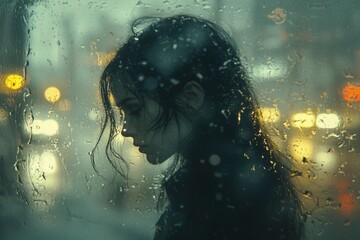 Fototapeta premium Silhouette of a Woman Gazing Through a Rain-Streaked Window