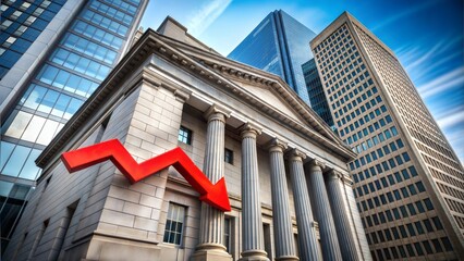 Bank building with a large red arrow pointing downward, indicating falling interest rates, no text