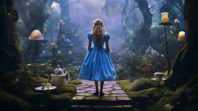 Alice in Wonderland Standing in a Sparkling Magical Forest