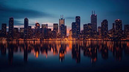 Fototapeta premium Illuminated Skyscrapers Reflected in Calm Water at Dusk