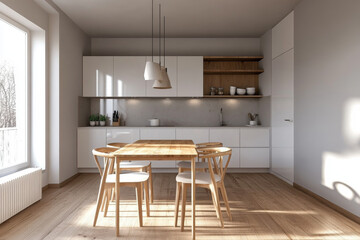 3D rendering of a Scandinavian-style kitchen with wooden table and chairs, white cabinets, wood flooring, light gray walls, natural lighting, and minimalist design.