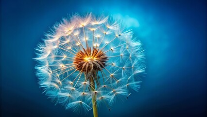 Close up of a dandelion on a blue background, showcasing intricate details and vibrant colors