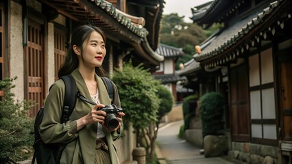 Woman with camera exploring a traditional Japanese street.