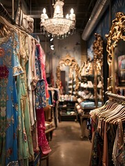 Illustration of A trendy fashion boutique designed with cluttercore elements, showcasing eclectic racks of clothes, ornate mirrors, and decorative accessories scattered artfully. Ai Generate.
