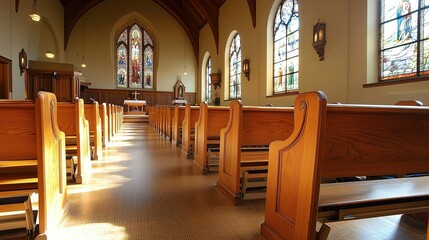 Fototapeta premium Empty wooden pews inside a serene Catholic church with stained glass windows and sunlight streaming through.