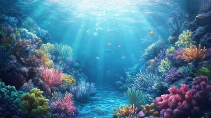 Fototapeta premium Vibrant Underwater Coral Reef Scene with Sunbeams and Fish