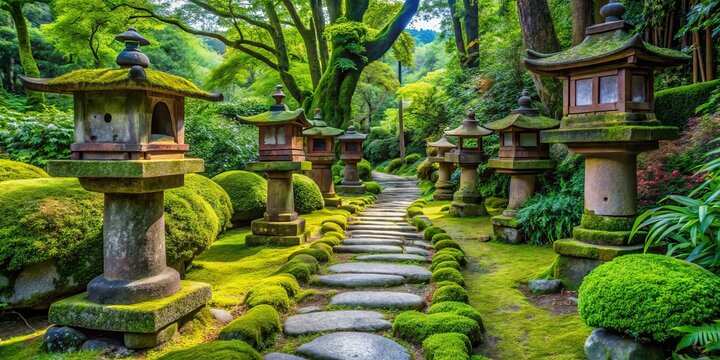 Vibrant colorful tarimas, traditional Japanese stepping stones, lead through serene moss-covered garden pathways lined