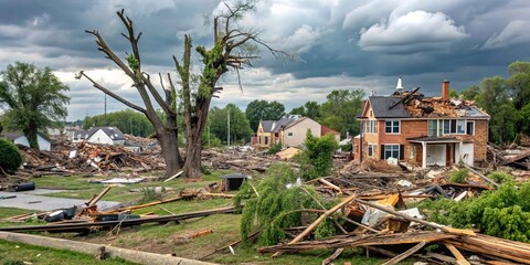 Dismal aftermath of a devastating derecho storm with brown and gray snapped trees and shattered buildings