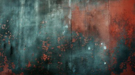 Fototapeta premium Grunge textured wall with abstract red and green patterns, featuring a distressed, aged surface