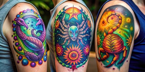 Vibrant colorful zodiac symbol tattoos on arms and shoulders, featuring intricate Scorpio, Leo, and Aquarius designs, blending celestial patterns with bold lines and subtle shading.