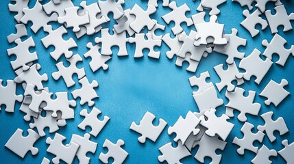 White Jigsaw Puzzle Pieces on Blue Background