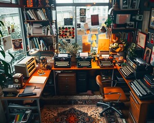 Fototapeta premium Illustration of A trendy home office space transformed by cluttercore, featuring an array of vintage typewriters, piles of inspirational magazines, and a mix of modern and antique decor. Ai Generate. 