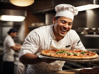 man chef laugh and makes pizza in a restaurant