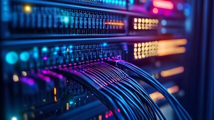 Obraz premium Server Rack with Network Cables and Lights