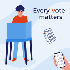 Man in the voting booth makes her choice. A call to vote. Voting online by phone.