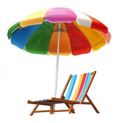 Rainbow Relaxation: A vibrant beach umbrella casts a cool shade over a matching deck chair, promising a day of leisure and sun-kissed bliss. 