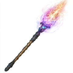Magical Staff with Fiery Energy: A mystical staff, crafted with intricate detail, glows with vibrant, ethereal energy. The staff's design suggests ancient power and magic, with a swirling, fiery aura 