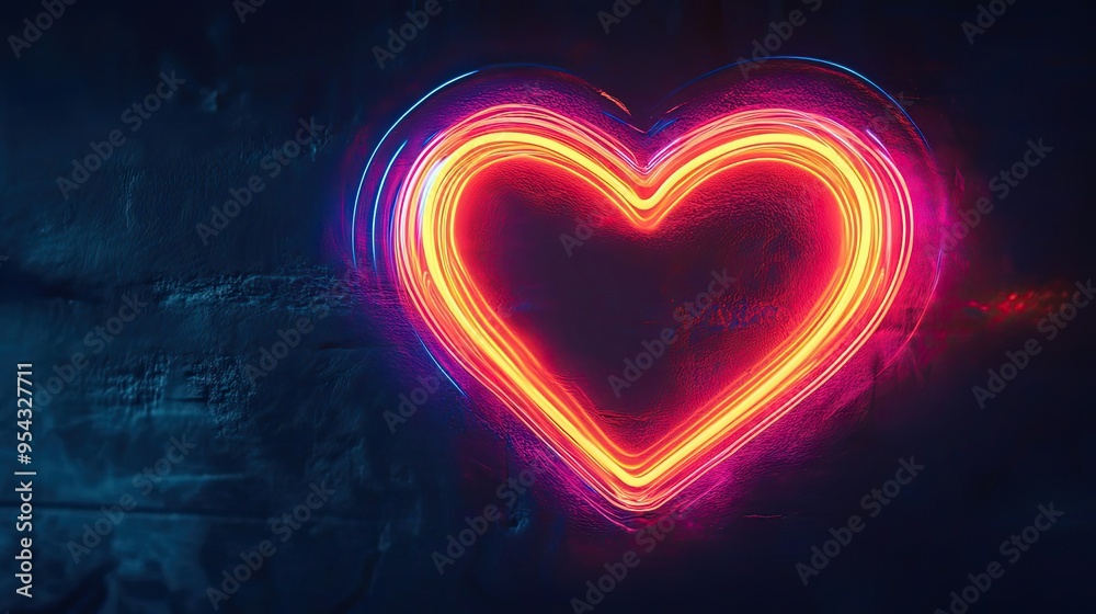 Sticker glowing neon heart shape on a dark blue background