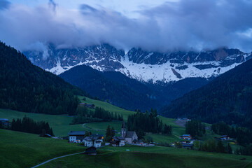 Landscape of Val di Funes, on a cloudy day.
