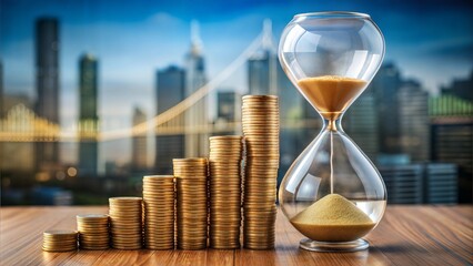 Hourglass with falling coins and a descending interest rate line, time and money metaphor
