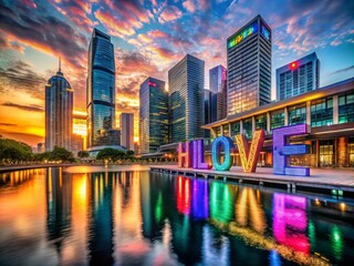 Fototapeta premium Vibrant colors illuminate a modern cityscape at dusk, with large LED letters spelling out a motivational message on